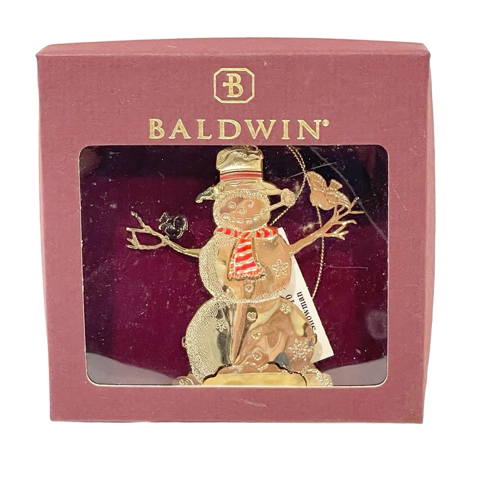 BALDWIN 24kt gold finished brass Christmas Ornament Snowman  Red Accents